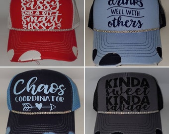 Girls Weekend Summer Bling Hats. Glitter. Distressed Trucker.  Adjustable.