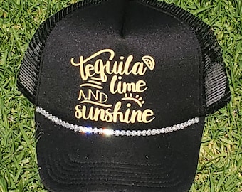 Tequila Lime and Sunshine Glitter Trucker Hat with Bling Rhinestones