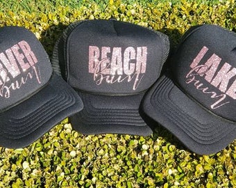 Beach Bum, River Bum, Lake Bum Rose Gold glitter fashion trucker hat