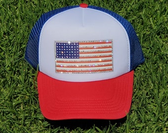 American Flag Blingy Rhinestone Trucker Hat or USA Babe design or Kissy Lips