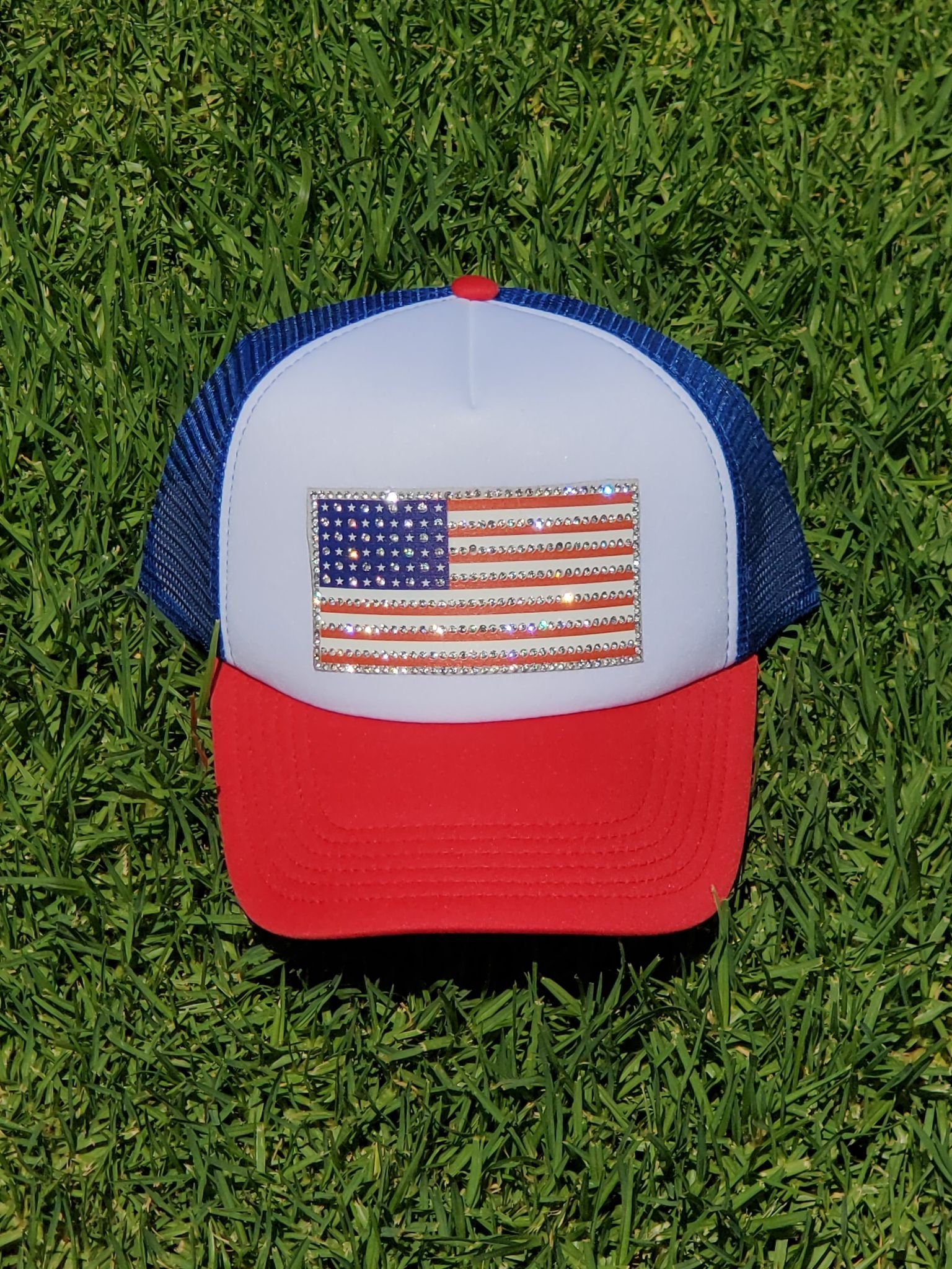 Unisex Festive Rhinestone American Flag Baseball Cap - Navy, Red, White American Flag Rhinestone Distressed Baseball Hat – SBS T Shop main image 4