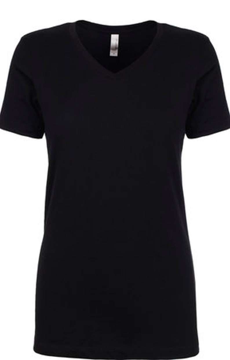 May include: A black v-neck t-shirt with short sleeves.