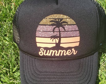 Summer glitter fashion trucker hat with palm trees ombre look.  Vintage OP