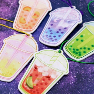 Crystal Popping Boba Tea Kawaii Air Fresheners Double-Sided Strong Smell Scent Kawaii Car Accessories Cute Anime Christmas Gift Full Set