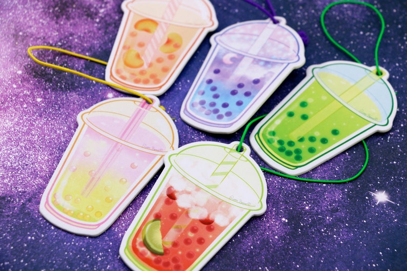 Crystal Popping Boba Tea Kawaii Air Fresheners Double-Sided Strong Smell Scent Kawaii Car Accessories Cute Anime Christmas Gift Full Set