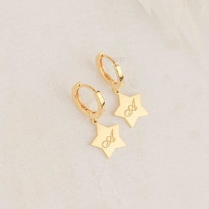 Custom Star Dangle Drop Earrings - Star Name Earrings - Personalized Initial Gold Star Huggie Hoop Earring - Custom Initial Earring F49