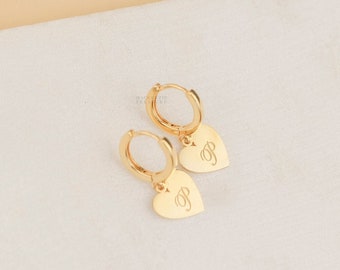 Personalized Heart Dangle Drop Earrings - Initial Gold Love Heart Huggie Hoop Earring - Custom Initial Earring - Love Hoop Earring F49