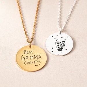 Children Drawing Disc Necklace - Handwritten Necklace - Handwriting or Image, Silver, Gold or Rose - Jewelry For Her on Christmas