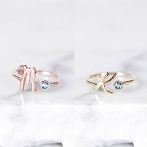 Custom Initial Ring with Birthstone – Personalized Initial Ring – Letter Ring – Alphabetical Ring – Ring with Stone – Birthstone Ring
