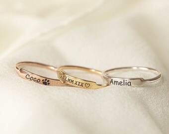 Minimal Engraved Name Ring - Yellow Gold Dainty Ring - Delicate Name Ring - Stackable Sterling Silver Name Ring - Stacking Ring F40