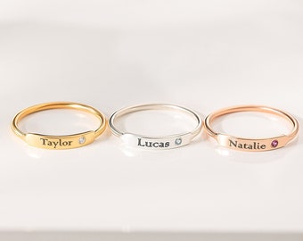 Stackable Dainty Bar Ring - Stacking Name Ring in Gold, Rose Gold, Silver - Name Ring with Birthstone - Minimalist Name Ring F35