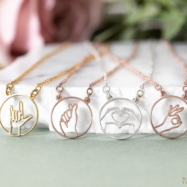 Hand Gesture Necklace - Sign Language Necklace - Peace Sign - Heart Hand - Hand Sign - Gold Disc Necklace - Daughter Gift - Pink Promise
