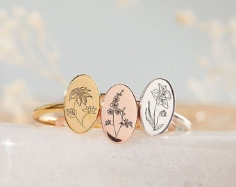 Birth Flower Ring - Floral Ring - Oval Flower Ring - Minimalist Ring - Dainty Mom Ring - Birthday Gift - Gift for mom - Mothers Day Gift