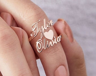 Double Name Ring with Heart - Two Name Ring - Custom Couple Ring - Personalized Gift For Mom - New Mom Ring - Best Friend Gift F49
