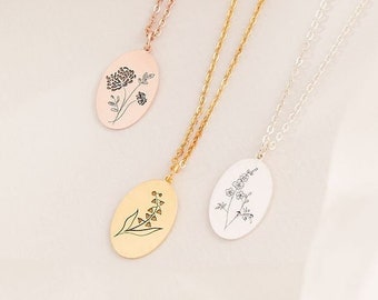 Birth Flower Necklace - Personalized Flower Necklace - Birthflower Necklace - Oval Disc Necklace - Custom Mom Birthday Gift - Birthday Gift