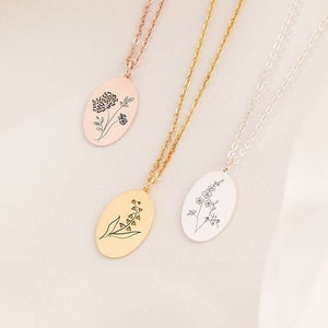 Birth Flower Necklace - Personalized Flower Necklace - Birthflower Necklace - Oval Disc Necklace - Custom Mom Birthday Gift - Birthday Gift