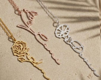 Name Necklace with Birth Flower - Minimalist Name Jewelry - Mother's Day Gift - Perfect Christmas Gift - Birth Flower Jewelry for Her F95