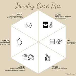 May include: A hexagonal infographic with tips for jewellery care. The tips include checking and cleaning jewellery regularly, storing jewellery in a cool, dry place with a silica pouch, removing jewellery when showering, swimming, sleeping, or going to a spa, using a lint-free cloth to clean jewellery, avoiding contact with chemicals, and avoiding contact with perfumes.