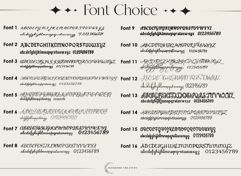 May include: A chart showing 16 different font styles with uppercase and lowercase letters, numbers, and punctuation marks. The fonts are labeled with numbers 1 through 16.