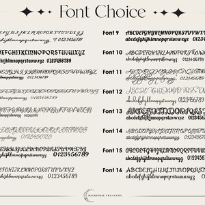 May include: A chart showing 16 different font styles with uppercase and lowercase letters, numbers, and punctuation marks. The fonts are labeled with numbers 1 through 16.