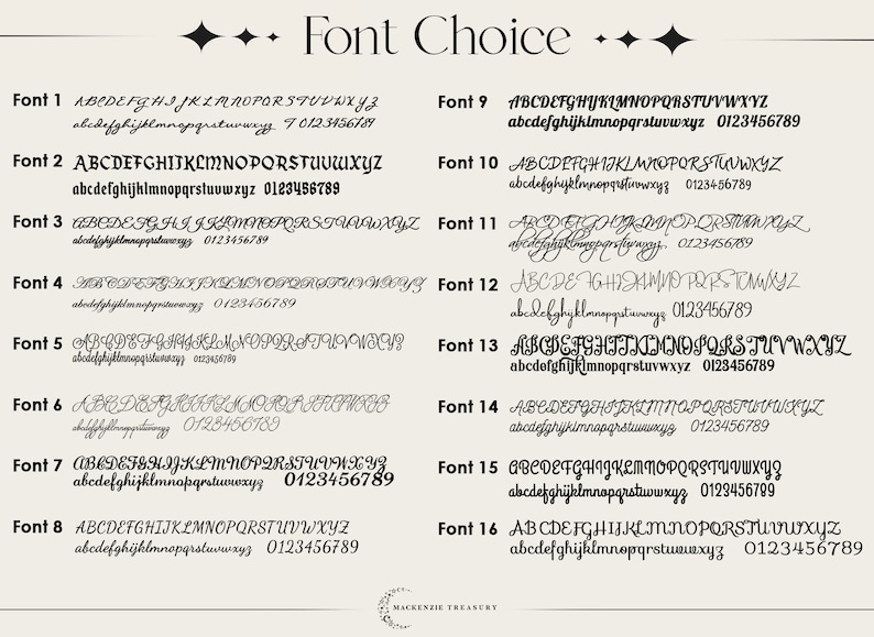 May include: A chart showing 16 different font styles with uppercase and lowercase letters, numbers, and punctuation marks. The fonts are labeled with numbers 1 through 16.
