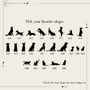 May include: A black and white image showing 34 different dog and cat silhouettes. The silhouettes are labeled with letters and numbers, such as A12, A13, A14, etc. The text "Pick your favorite shape" is at the top of the image. The text "Check the next image for more shapes >" is at the bottom of the image.