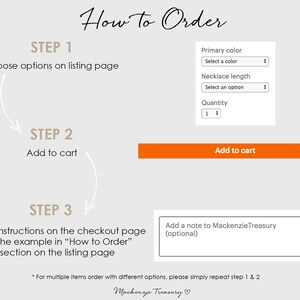 May include: A step-by-step guide on how to order items from an Etsy shop. The image shows a listing page with options for colour, length, and quantity. It also includes instructions on how to leave a note for the seller.