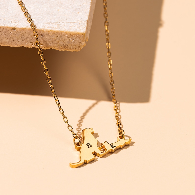 May include: Gold necklace with a dog and cat silhouette pendant. The pendant has the letters "B" and "K" engraved on it.