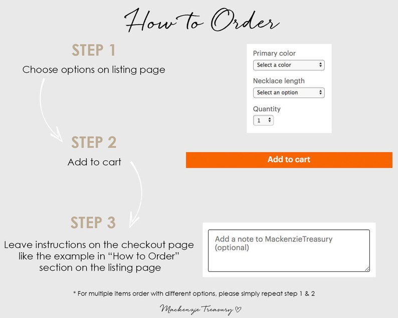 May include: A step-by-step guide on how to order items from an Etsy shop. The image shows a listing page with options for color, length, and quantity. It also includes instructions on how to leave a note for the seller.