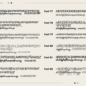 May include: A chart of 10 different fonts, labeled Font 71 through Font 82, with uppercase and lowercase letters, numbers, and punctuation marks. Each font is a different style of cursive script.
