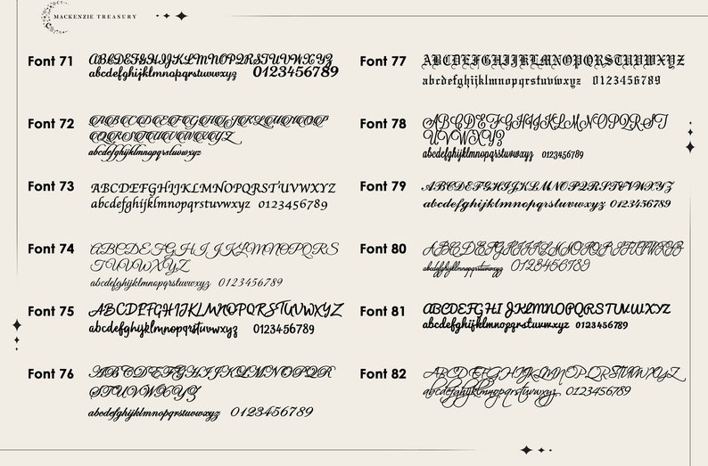 May include: A chart of 10 different fonts, labeled Font 71 through Font 82, with uppercase and lowercase letters, numbers, and punctuation marks. Each font is a different style of cursive script.