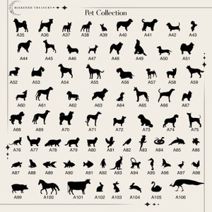 May include: A black and white graphic image of a pet collection. The image includes a variety of animals, including dogs, cats, birds, fish, and a pig. Each animal is labeled with a number, starting with A35 and ending with A106.