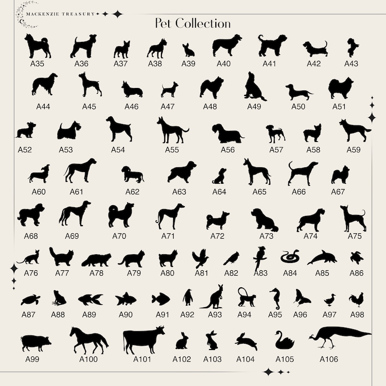 May include: A black and white graphic image of a pet collection. The image includes a variety of animals, including dogs, cats, birds, fish, and a pig. Each animal is labeled with a number, starting with A35 and ending with A106.