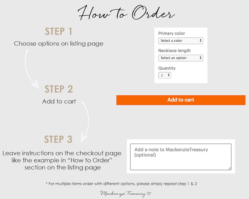 May include: A step-by-step guide on how to order items from an Etsy shop. The image shows a listing page with options for color, length, and quantity. It also includes instructions on how to leave a note for the seller.