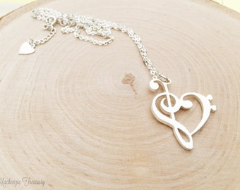 Music Necklace/ Music Note Necklace/ Heart music necklace/Music Lover Necklace - G clef Necklace - Silver music note necklace