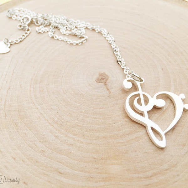 Music Necklace/ Music Note Necklace/ Heart music necklace/Music Lover Necklace - G clef Necklace - Silver music note necklace