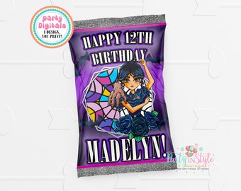 EMAILED FILE Moody Girl Chip Bag, Birthday Chip Bag, Wednesday Addams, Gothic Theme, Printable, DIY Party Favors, Personalized
