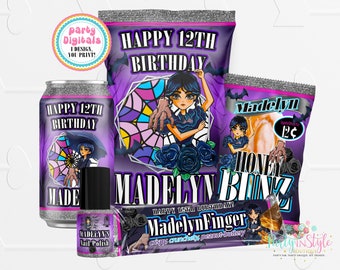 EMAILED FILES 5 Piece Moody Girl Label BUNDLE, Birthday Chip Bag, Wednesday Addams, Gothic Theme, Printable, Party Favors, Personalized