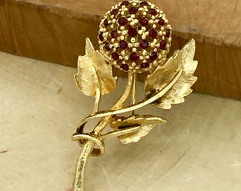 Gold Tone Ruby Rhinestone Floral Brooch Pin