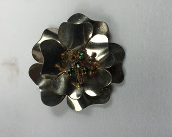 Sterling silver flower brooch with rhinestones