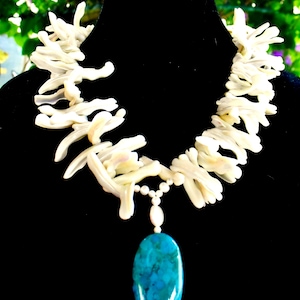 Diana Venezia Mother of Pearl & Turquoise Necklace – 925 Sterling Silver, 22” Statement Piece