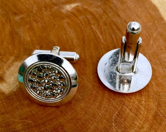 Sterling Silver Stamped Silver Rhinestone Cufflinks