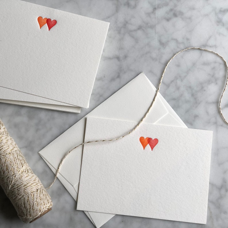 Set of 5 letterpress cards & envelopes two hearts image 2