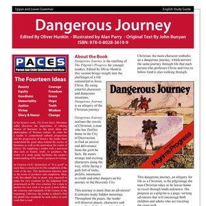 Può includere: Una copertina di libro con un'illustrazione colorata di un uomo che porta un pesante fardello sulla schiena. Il titolo del libro è "Dangerous Journey" e il testo "Ho sognato di aver visto un uomo, con la faccia voltata dalla sua stessa casa - un libro in mano, e un grande peso sulla schiena." è in evidenza nella parte inferiore della copertina.