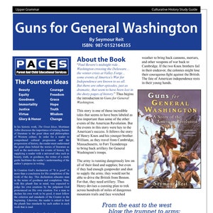 May include: A book cover with a red, white, and blue illustration of soldiers on horseback. The title of the book is "Guns for General Washington: A Story of the American Revolution". The book is by Seymour Reit. The text on the cover reads "From the east to the west blow the trumpet to arms; Through the land let the sound of it flee; Let the far and the near all unite with a cheer In defense of our Liberty Tree!" -Thomas Paine (1775)
