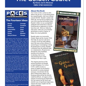 May include: A book cover for "The Golden Goblet" by Eloise Jarvis McGraw. The cover features a young boy holding a golden goblet. The book is part of the Puffin Newbery Library series. The book title is in a gold font with a black outline. The book cover is a light blue color with a white border.