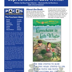 May include: A book cover for "Leprechaun in Late Winter" by Mary Pope Osborne. The cover features a green leprechaun standing between two children, a boy and a girl, who are peeking out from behind rocks. The book is part of the Magic Tree House series, number 43. The text "The Wind Started to Blow. The Tree House Started to Spin. It spun faster and faster. Then everything was still. Absolutely still." is printed below the cover image.