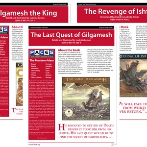 May include: A colorful book cover illustration depicting a scene from the epic poem "The Last Quest of Gilgamesh". The cover features a man in a boat on a body of water, with a mountain range in the background. The title "The Last Quest of Gilgamesh" is printed in bold, white letters on a blue banner.