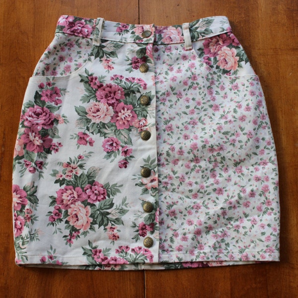90s Vintage Color Block Patchwork Floral Pink Roses High Waisted Denim skirt