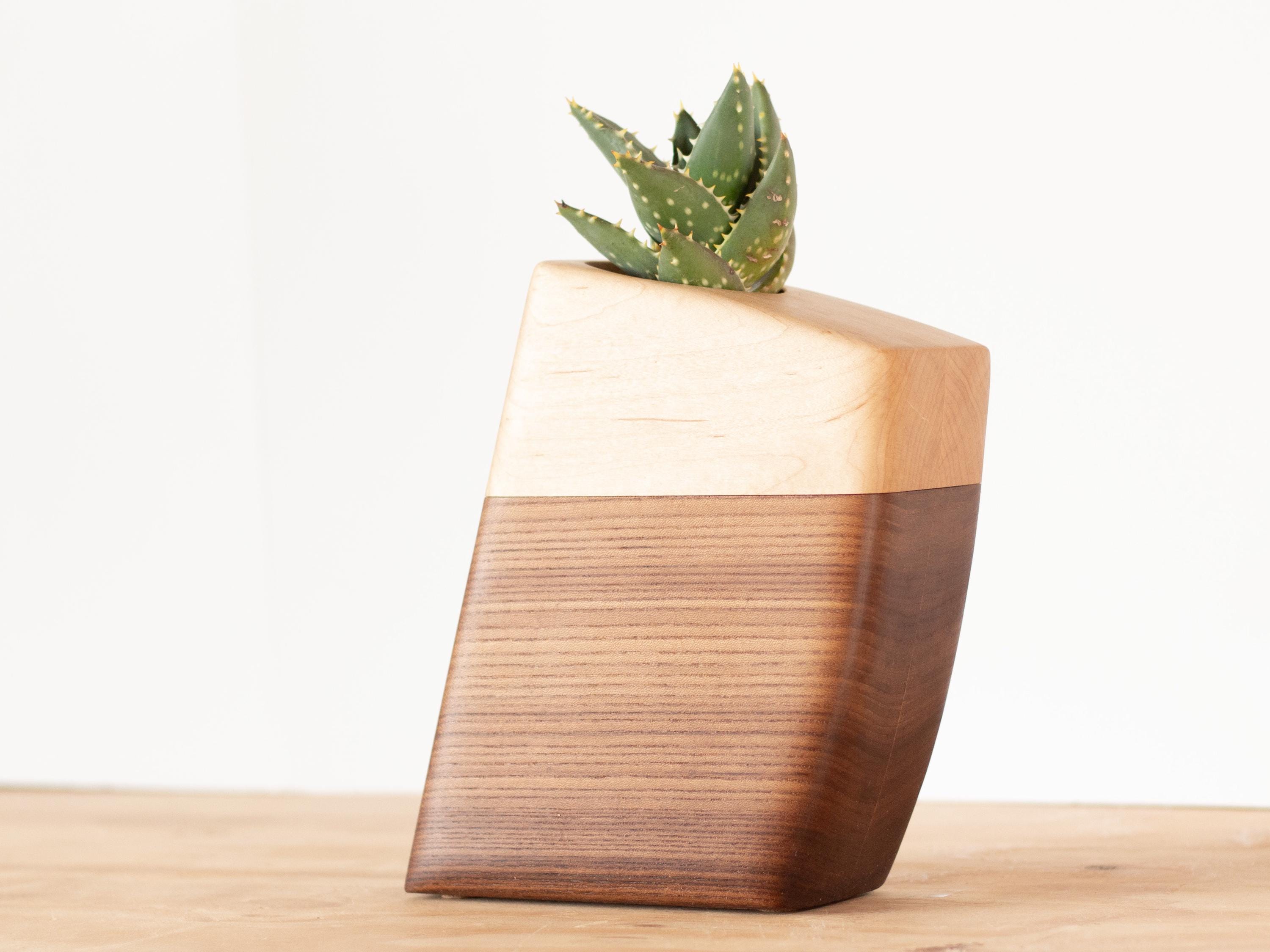 Handmade Maple Elm Wood Pet Urn, Modern Memorial Plant Holder (25 Cubic Inch)